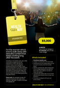 Wealth Her Way Speaker Pro package, $5,000, 4 spots: a yellow SPEAKER PRO badge on a lanyard in front of a speaker facing a cheering audience, with a 12-minute talk, hair and makeup, professional photos and video, and VIP daytime access listed.