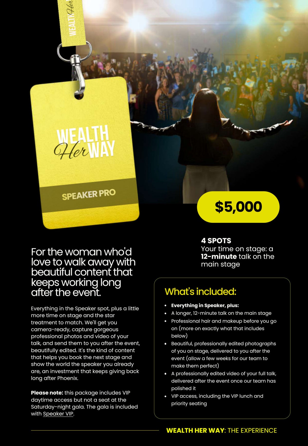 Wealth Her Way Speaker Pro package, $5,000, 4 spots: a yellow SPEAKER PRO badge on a lanyard in front of a speaker facing a cheering audience, with a 12-minute talk, hair and makeup, professional photos and video, and VIP daytime access listed.