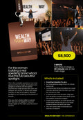 Wealth Her Way Speaker VIP package, $8,500, 3 spots: a bronze SPEAKER VIP badge on a lanyard in front of a collage of stage photographs, with a 20-minute feature talk, red-carpet interview, reserved gala seat and a vendor table listed.