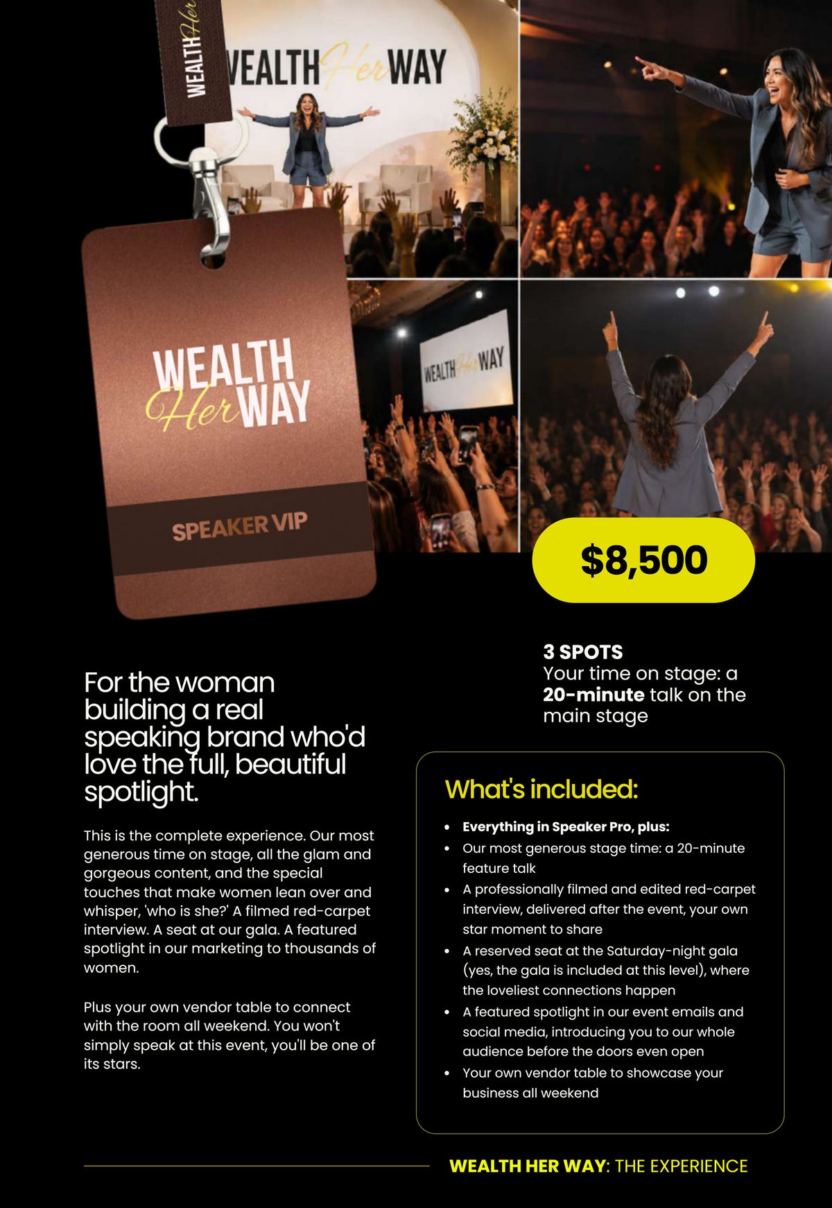 Wealth Her Way Speaker VIP package, $8,500, 3 spots: a bronze SPEAKER VIP badge on a lanyard in front of a collage of stage photographs, with a 20-minute feature talk, red-carpet interview, reserved gala seat and a vendor table listed.