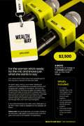 Wealth Her Way Speaker package, $2,500, 4 spots: a cream SPEAKER badge on a lanyard in front of yellow Wealth Her Way microphones, with a 7-minute main-stage talk, program feature and full two-day access listed.