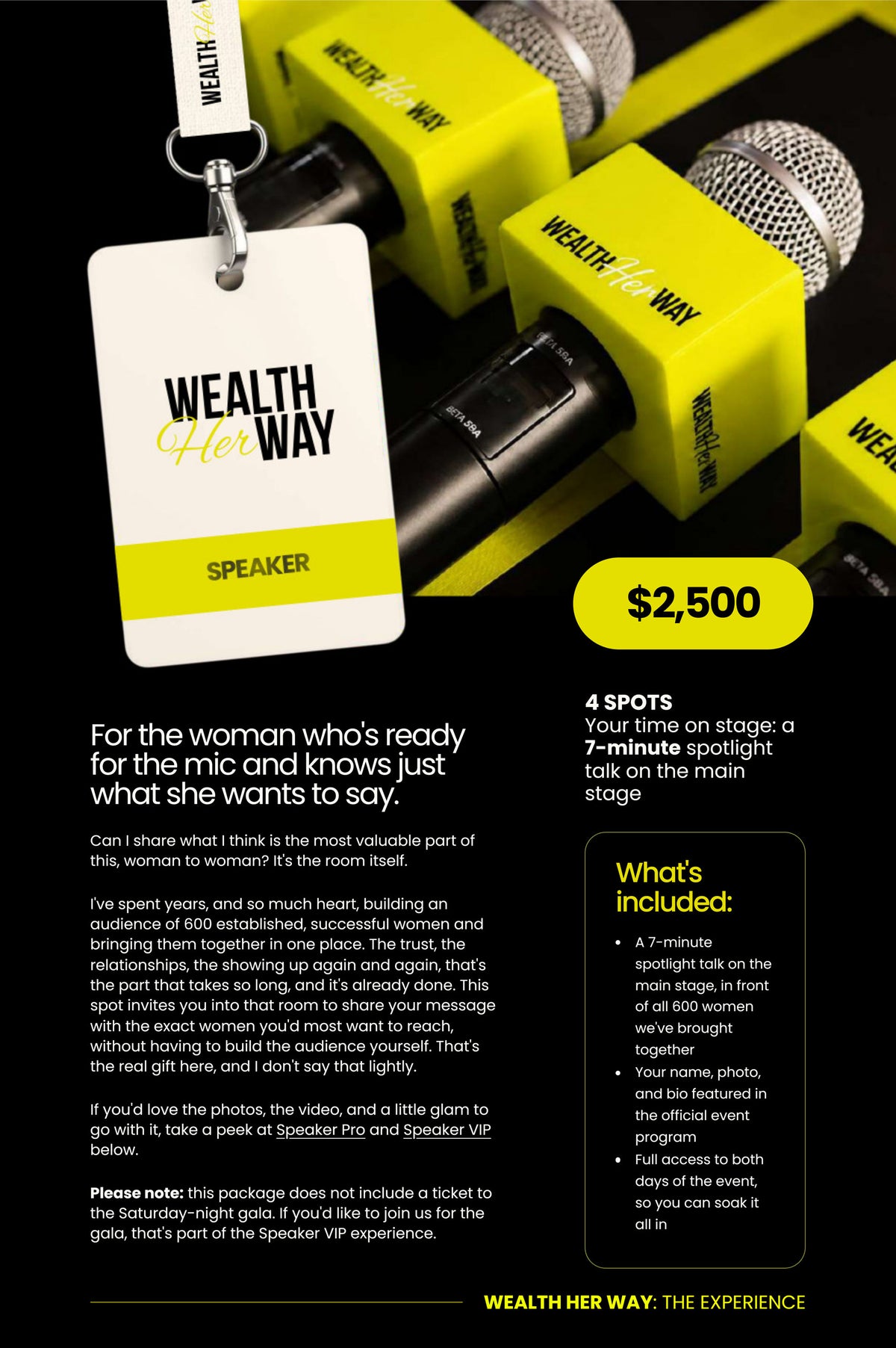 Wealth Her Way Speaker package, $2,500, 4 spots: a cream SPEAKER badge on a lanyard in front of yellow Wealth Her Way microphones, with a 7-minute main-stage talk, program feature and full two-day access listed.