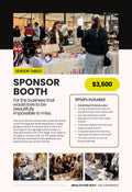 Wealth Her Way Sponsor Booth, $3,500: a busy market booth of handmade ceramics with shoppers browsing, with a large branded booth, logo on signage and main-stage screens, a featured stage mention, a reserved gala seat and two team passes.