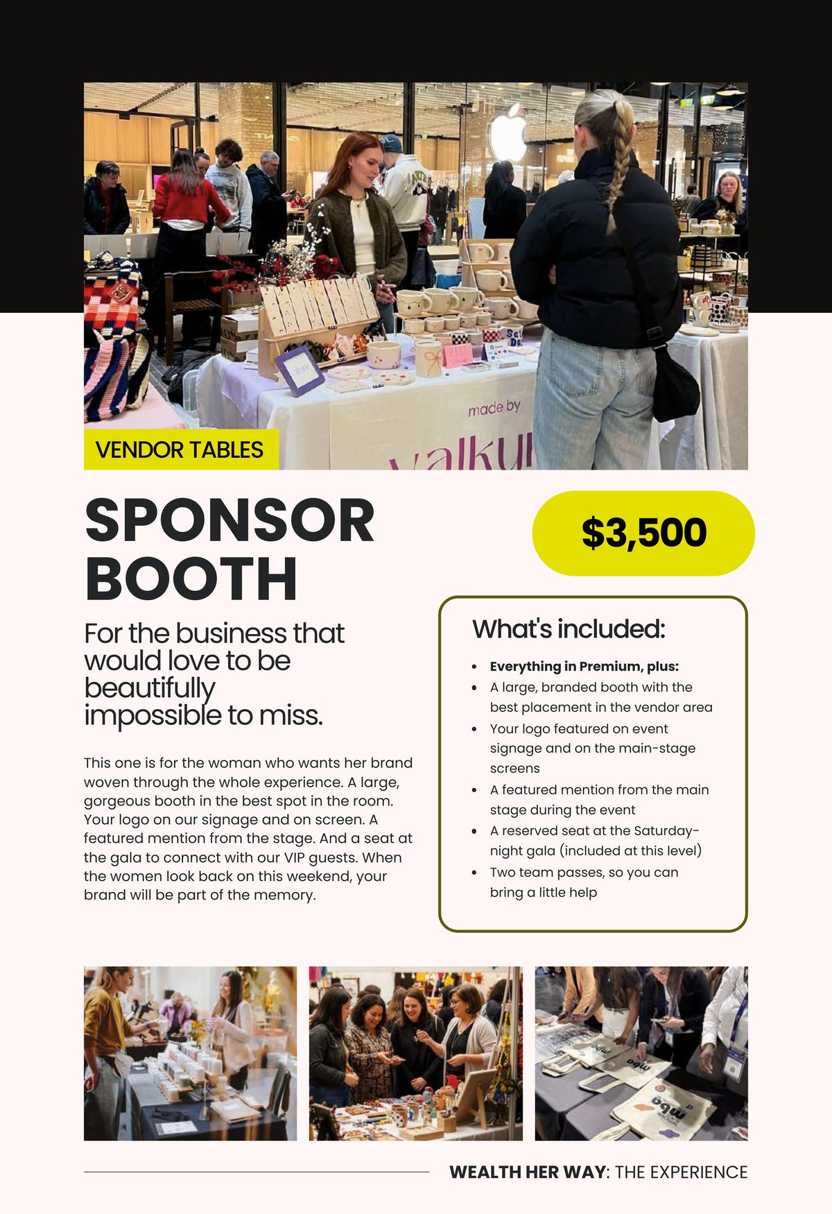 Wealth Her Way Sponsor Booth, $3,500: a busy market booth of handmade ceramics with shoppers browsing, with a large branded booth, logo on signage and main-stage screens, a featured stage mention, a reserved gala seat and two team passes.