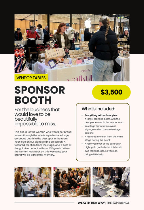 Wealth Her Way Sponsor Booth, $3,500: a busy market booth of handmade ceramics with shoppers browsing, with a large branded booth, logo on signage and main-stage screens, a featured stage mention, a reserved gala seat and two team passes.